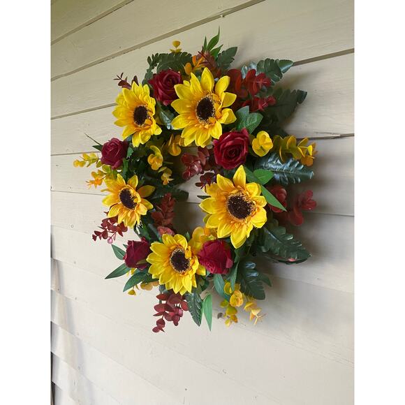 Elegant Burgundy Blush Fall Wreath, Rustic Grapevine with Pumpkin & Roses Decor - Picture 9 of 11